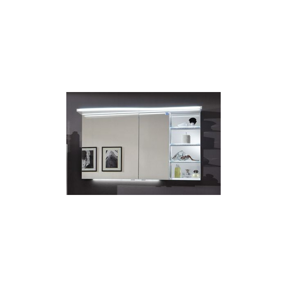 Marlin 3160motion Spiegelschrank, 2 Türen, Acryloberboden mit LED-Beleuchtung, 1 Regal rechts mit Spiegel,120 cm