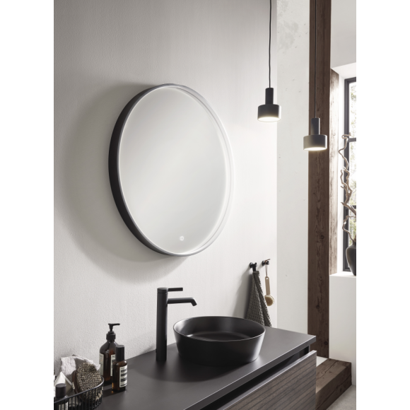 Puris Vialli Flächenspiegel, Rahmenprofil in schwarz, rund mit Spiegelheizung &amp; LED-beleuchtung, 80 cm breit