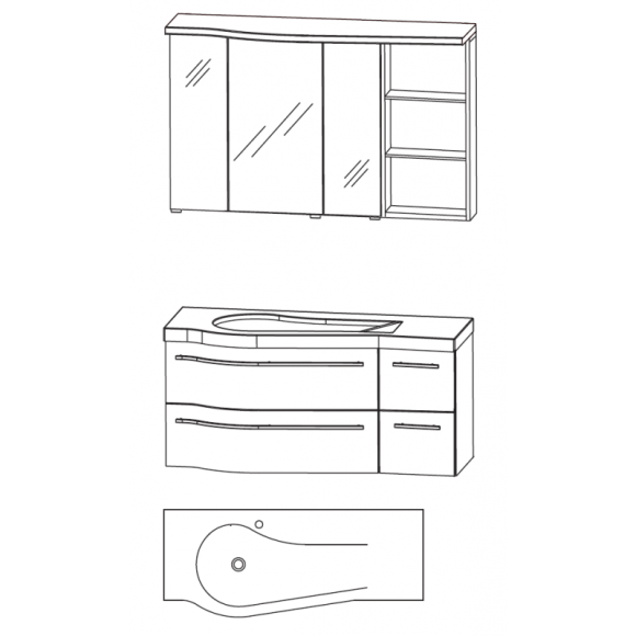 Puris Swing Badmöbel-Set mit Spiegelschrankset, geschwungen mit Regal, Ablage rechts, 120 cm