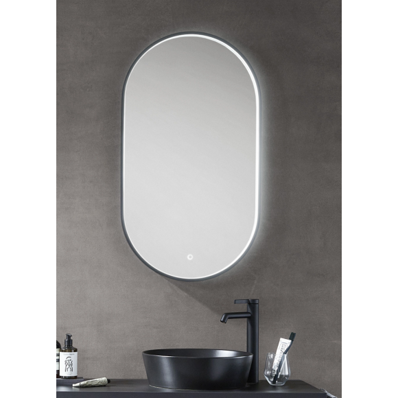 Puris Vialli Flächenspiegel oval, Rahmenprofil schwarz, mit Spiegelheizung, 50 cm breit