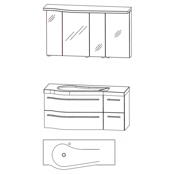 Puris Swing Badmöbel-Set mit Spiegelschrankset, geschwungen, Ablage rechts, 120 cm