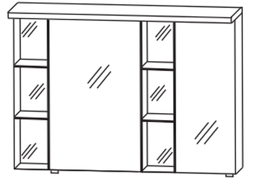 Spiegelschrank, LED-Streifen im Kranz, Regal mittig und links, Spiegeltür mittig und rechts, 100 cm