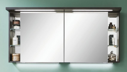 Spiegelschrank mit Regalen, LED-Streifen im Kranz, 140 cm