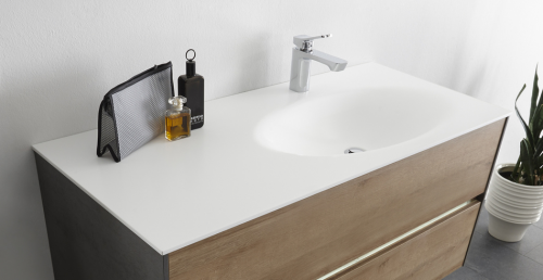 Krion-Waschtisch, Becken rechts, Ablage links, 113 cm
