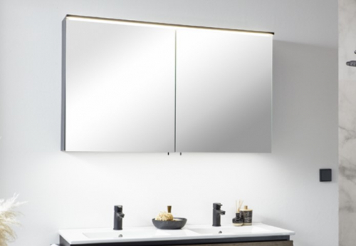 Spiegelschrank, 2 Türen mit LED Aufbauleuchte & Waschplatzbeleuchtung, 120 cm