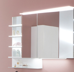Spiegelschrank, Acryloberboden mit LED-Beleuchtung, 1 Regal rechts, Lichfarbe regelbar, 120 cm
