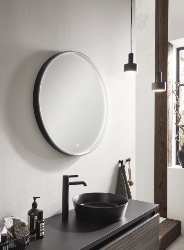 Flächenspiegel, Rahmenprofil in schwarz, rund mit Spiegelheizung & LED-beleuchtung, 80 cm breit