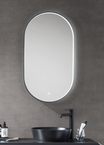 Flächenspiegel oval, Rahmenprofil schwarz, mit Spiegelheizung, 50 cm breit